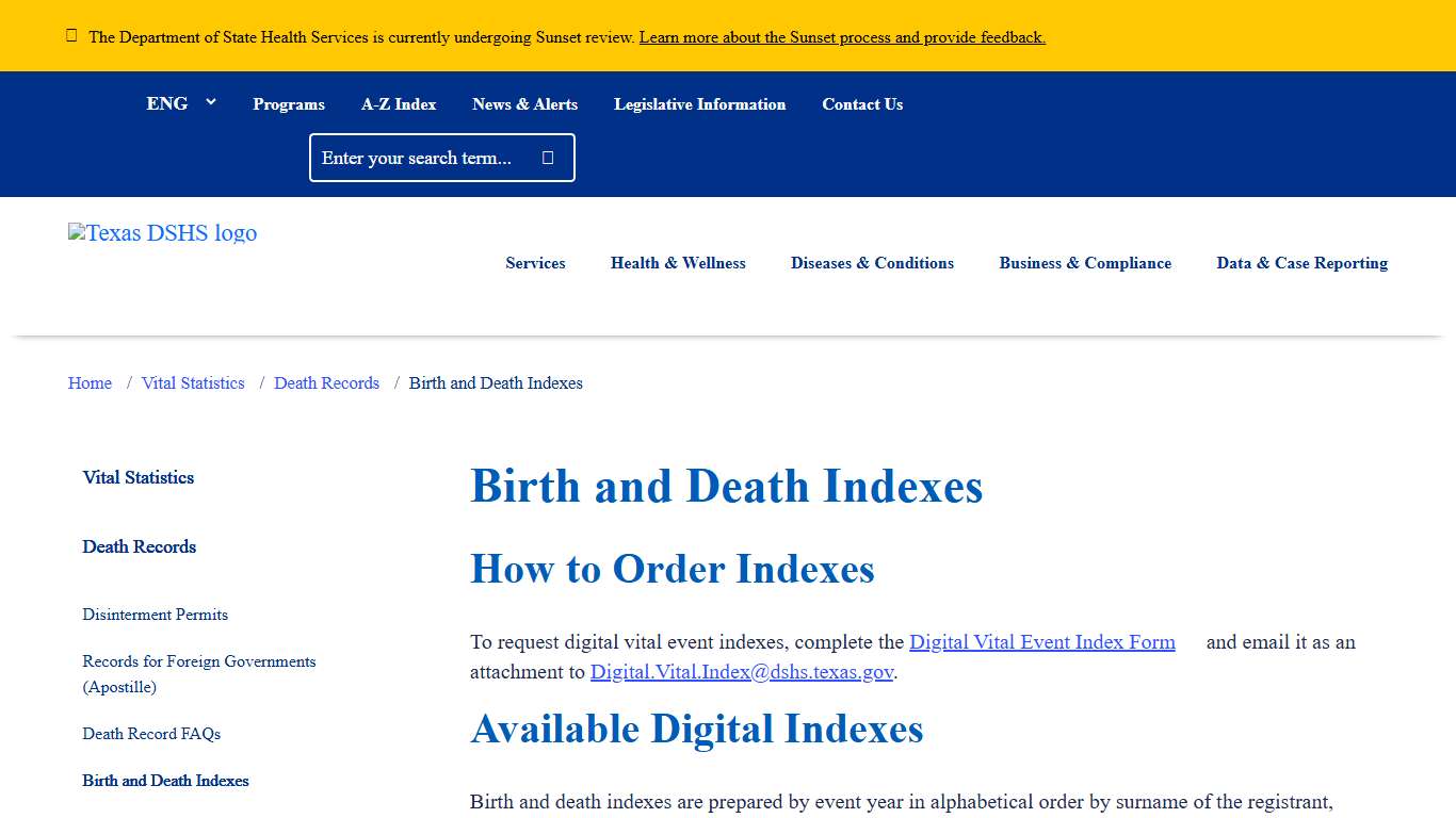 Birth and Death Indexes | Texas DSHS